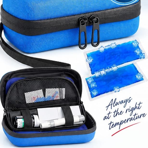 Blue insulin case with gel packs